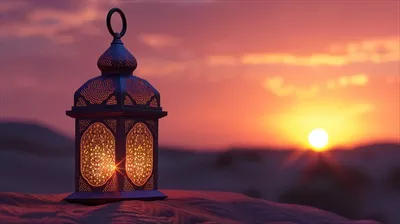 عکس چراغی زیبا که در غروب رمضان نورافشانی می کند و فضایی دلنشین ایجاد می نماید
