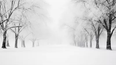 عکس منظره ای زیبا از جاده برفی در دل جنگل قدیمی با درختان سیاه