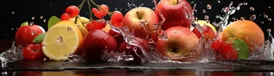 عکس ترکیب متنوعی از میوه های تازه با افکت های آب و خنکی