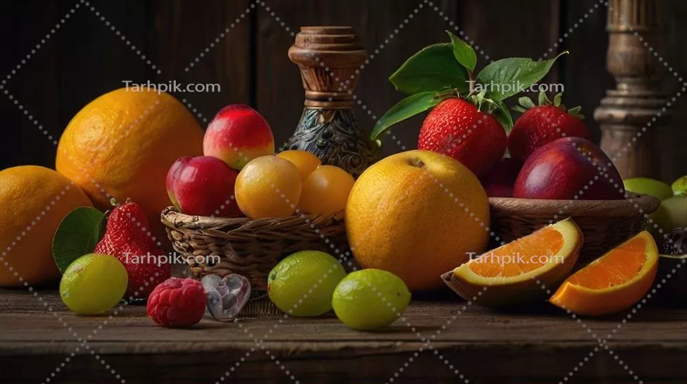 عکس تصویری زیبا از میوه های تازه بر روی یک میز چوبی طبیعی