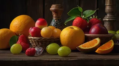 عکس تصویری زیبا از میوه های تازه بر روی یک میز چوبی طبیعی