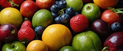 عکس تصویری زیبا از تنوع میوه ها و سبزیجات رنگارنگ در پس زمینه
