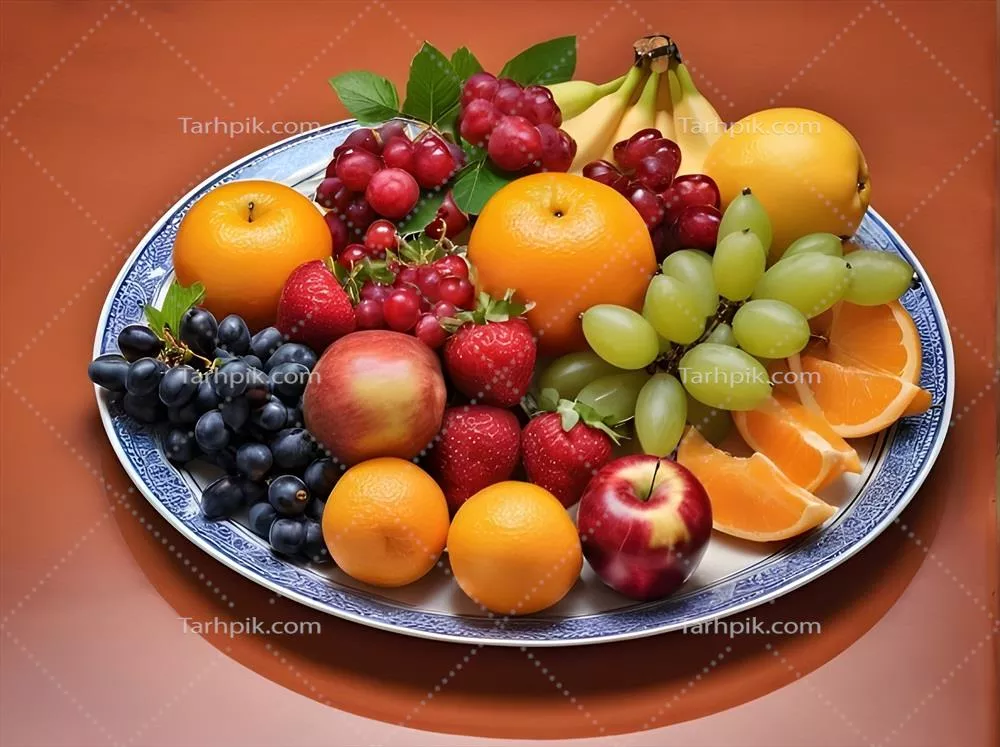 عکس ترکیب میوه های رنگارنگ بر روی یک بشقاب سرامیکی برای زندگی سالم
