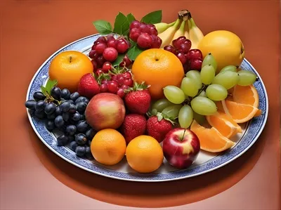 عکس ترکیب میوه های رنگارنگ بر روی یک بشقاب سرامیکی برای زندگی سالم