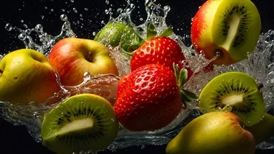 عکس تصویری زیبا از میوه های تازه و رسیده با قطرات آب توت فرنگی