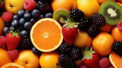عکس ترکیب رنگارنگ مرکبات و توت ها در یک میوه تازه و خوشمزه