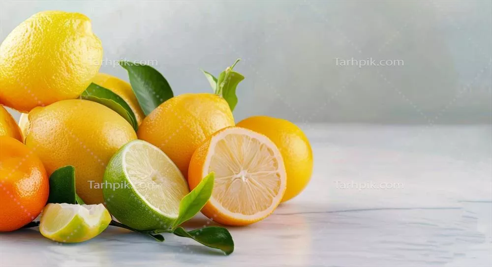 عکس نمایش میوه های تازه و مرکبات بر روی پس زمینه ای روشن با برگ های سبز