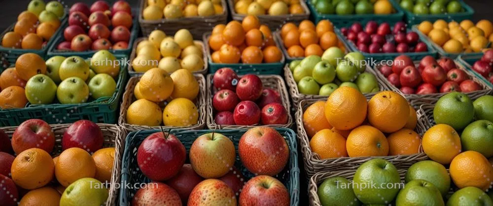 عکس چیدمان منظم و زیبا از میوه های تازه در سبدهای بازار
