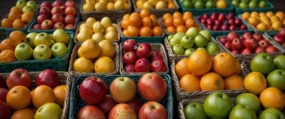 عکس چیدمان منظم و زیبا از میوه های تازه در سبدهای بازار