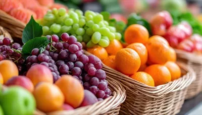 عکس نمایش رنگارنگ میوه ها در سبدهای بازار که حس تازگی و فراوانی را منتقل می کند