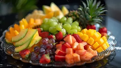 عکس سینی میوه های استوایی تازه با قطرات شبنم درخشان