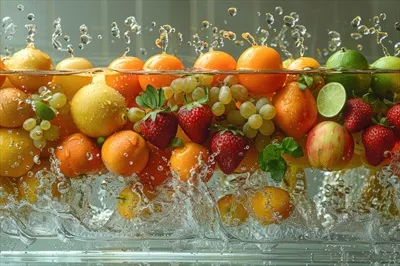 عکس تصویری جذاب از میوه ها و سبزیجات تازه با قطرات آب درخشان