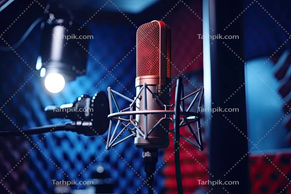 عکس میکروفن حرفه ای در استودیو ضبط موسیقی: نمای نزدیک و مدرن