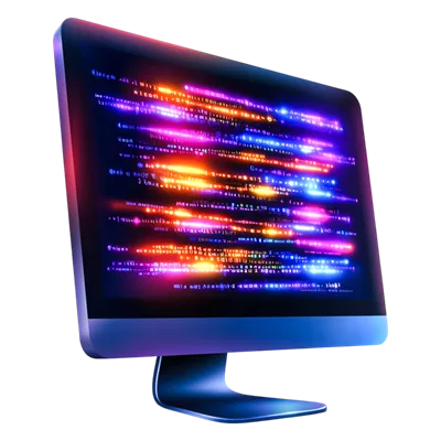 عکس دوربری نمایش دیجیتال انتزاعی با کدهای رنگارنگ در محیط مدرن کامپیوتری