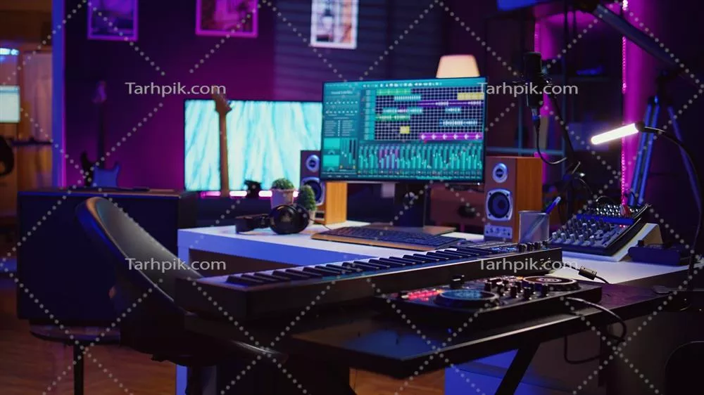 عکس استودیو خانگی مدرن برای ضبط و میکس موسیقی با تجهیزات الکترونیکی