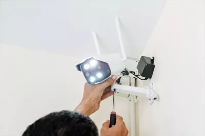 عکس نصب دوربین مداربسته بی سیم توسط تکنسین ها در یک محیط کاری