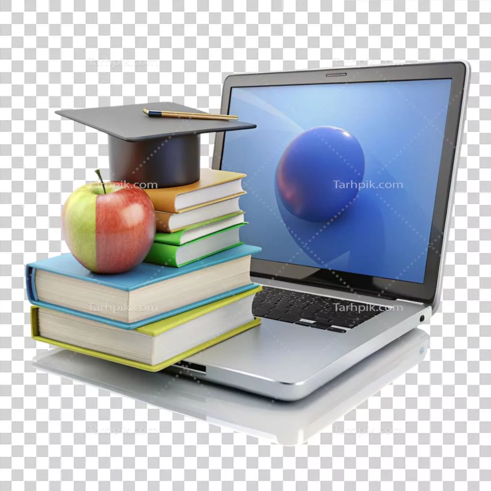 عکس دوربری تنظیمات یادگیری دیجیتال با لپ تاپ و کتاب های انباشته برای موفقیت های تحصیلی مجازی