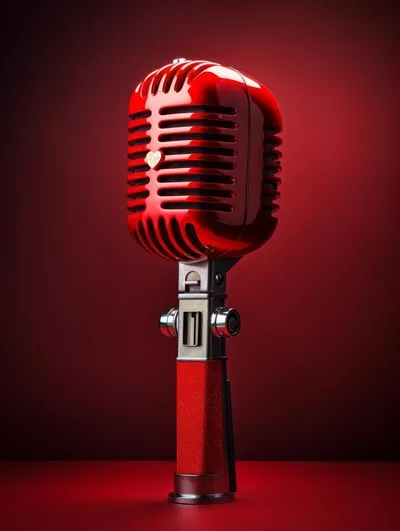 عکس میکروفون رترو بر روی پس زمینه قرمز: نمادی از هنر و خلاقیت