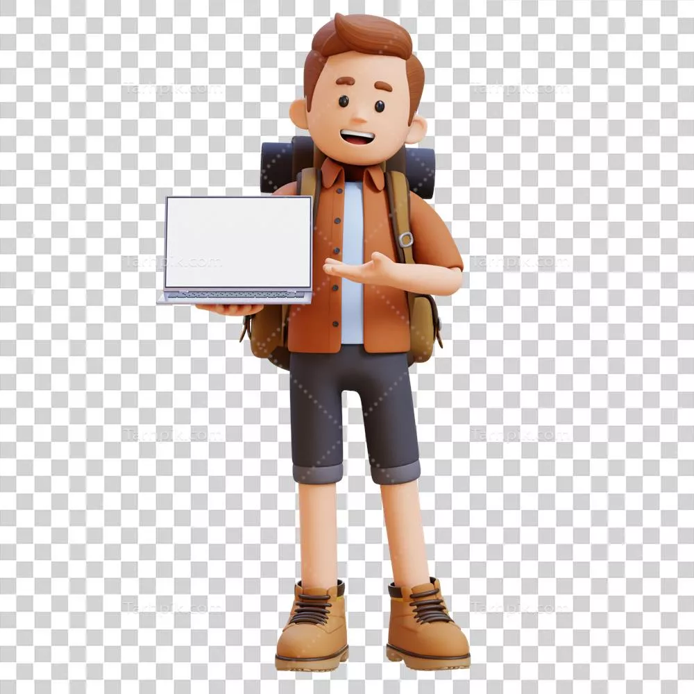 عکس دوربری شخصیت مسافر سه بعدی در حال ارائه بر روی صفحه نمایش خالی کامپیوتر