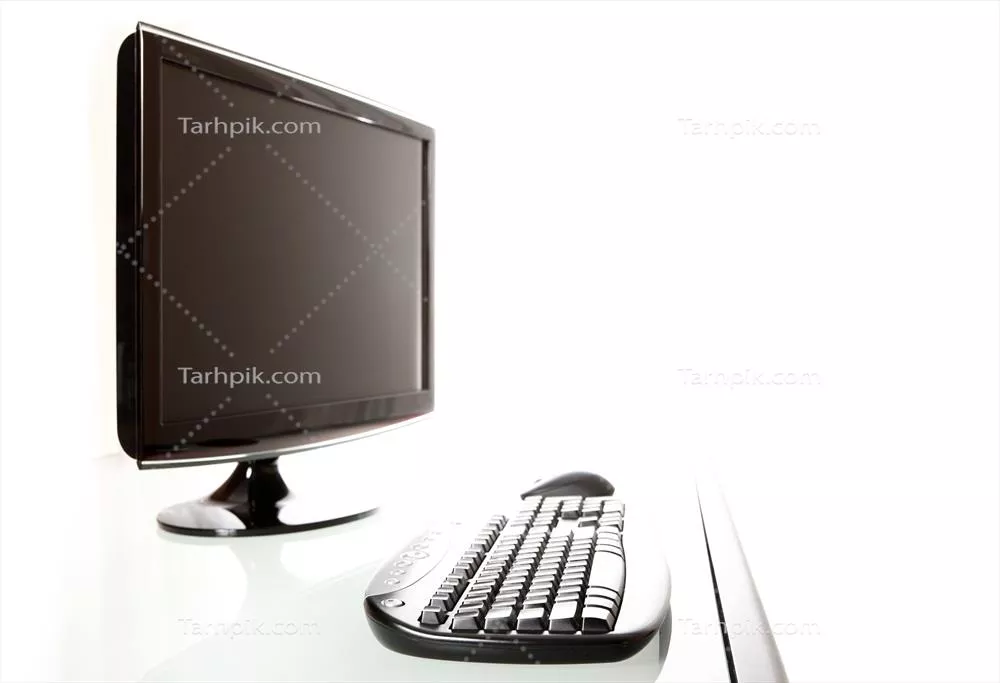 عکس دفتر کار مدرن با کامپیوتر بر روی پس زمینه سفید و طراحی زیبا