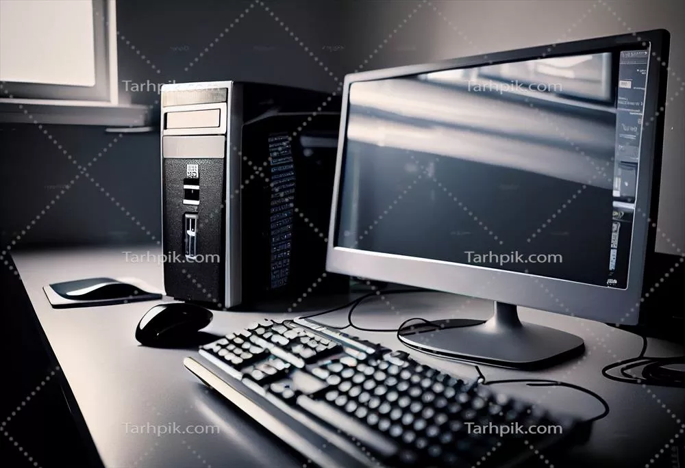 عکس تصویری از یک کامپیوتر رومیزی و لوازم جانبی آن در یک دفتر مدرن خلاقانه