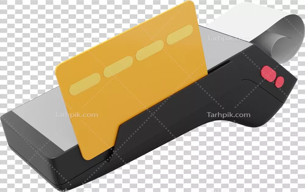 عکس دوربری مدل سه بعدی دستگاه پرداخت با کاغذ رسید و صفحه نمایش کارت اعتباری