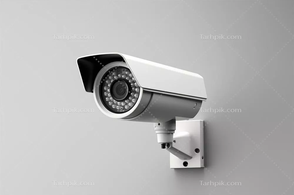 عکس مدل سه بعدی دوربین امنیتی با طراحی هوش مصنوعی بر روی پس زمینه خاکستری