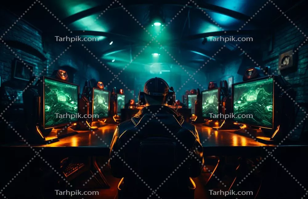 عکس مردی در حال بازی با مانیتور گیمینگ انویدیا در اتاق تاریک