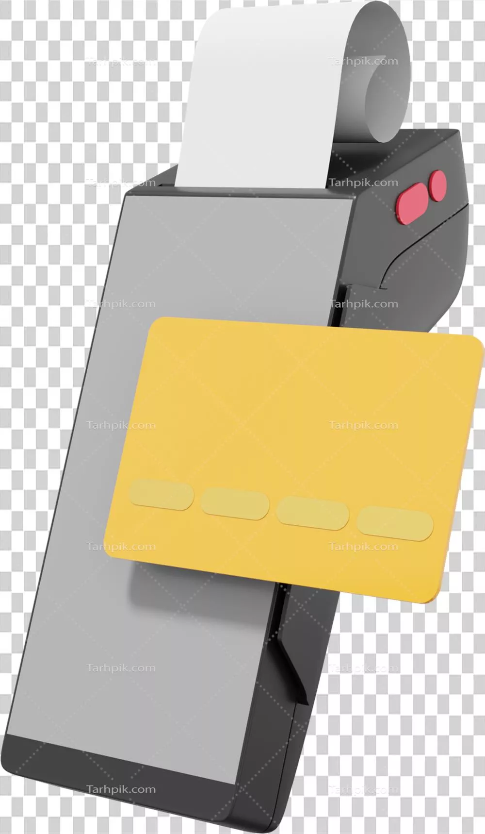 عکس دوربری مدل سه بعدی دستگاه پرداخت با قابلیت NFC و رسید کاغذی در پس زمینه شفاف