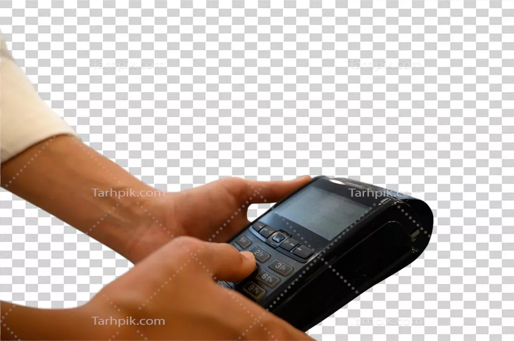 عکس دوربری تصویری از دستگاه POS بانکی آماده برای شروع تراکنش مالی