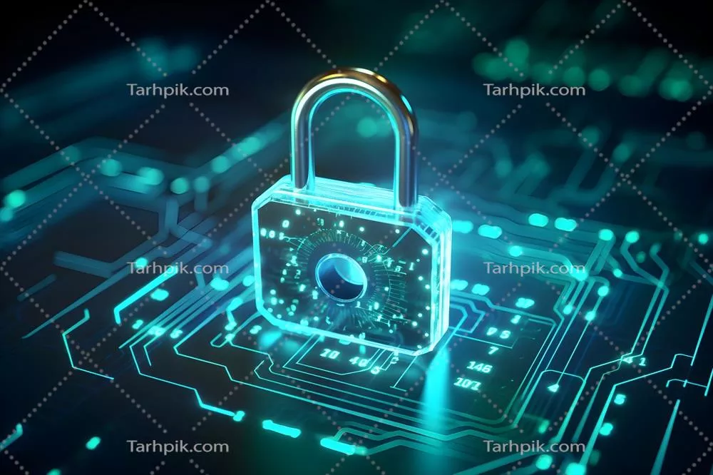 عکس مفهوم امنیت سایبری و حریم خصوصی با نماد قفل و کلید در دنیای دیجیتال