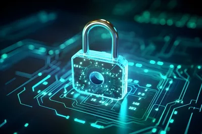 عکس مفهوم امنیت سایبری و حریم خصوصی با نماد قفل و کلید در دنیای دیجیتال