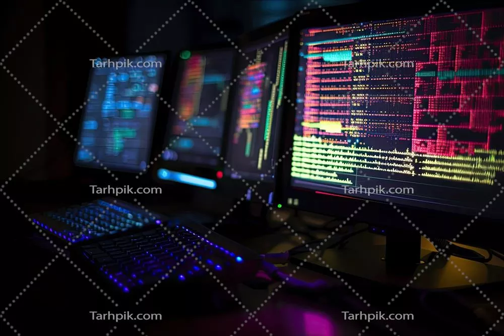 عکس تصویری از مانیتورهای کامپیوتری در اتاق تاریک با کدهای باینری