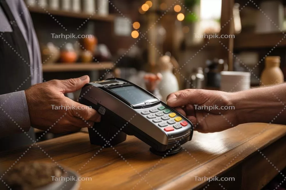عکس تصویری از فروشنده ای که با دستگاه پرداخت بدون تماس، از مشتری وجه دریافت می کند