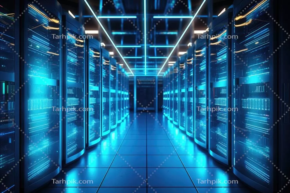 عکس تصویری از اتاق سرور در مرکز داده با تکنولوژی پیشرفته و مدرن