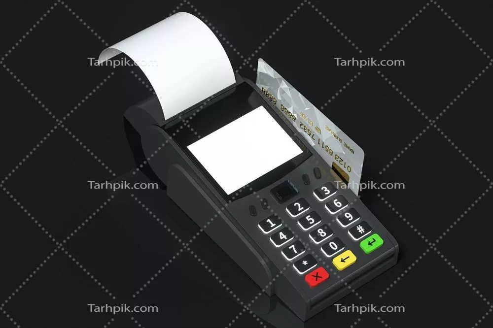 عکس مدل سه بعدی دستگاه کارتخوان با پس زمینه مشکی و طراحی مدرن