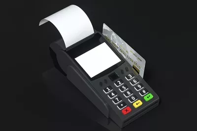 عکس مدل سه بعدی دستگاه کارتخوان با پس زمینه مشکی و طراحی مدرن
