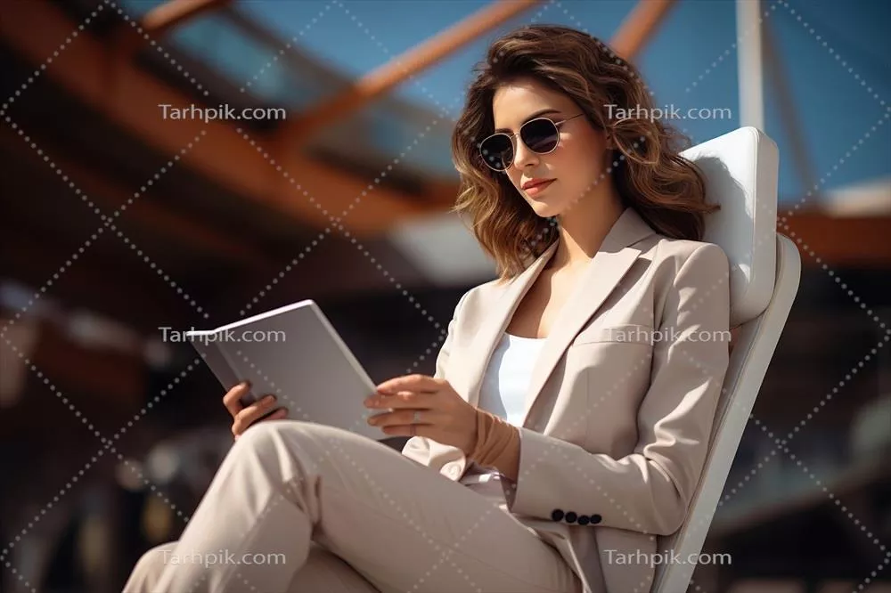عکس زنی مدرن و شیک در حال کار آنلاین با تبلت در یک اتاق تجاری