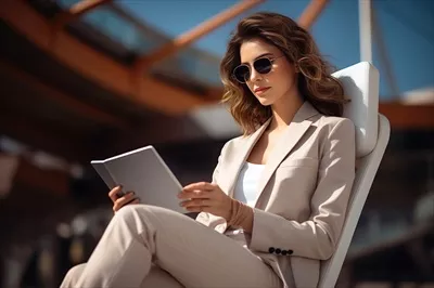 عکس زنی مدرن و شیک در حال کار آنلاین با تبلت در یک اتاق تجاری