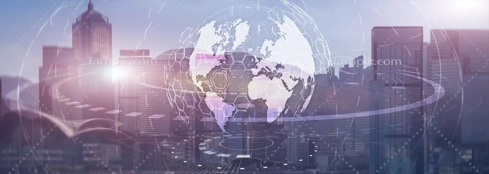 عکس مفهوم جهانی کسب و کار و فناوری در پس زمینه شهر مدرن
