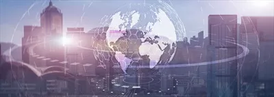 عکس مفهوم جهانی کسب و کار و فناوری در پس زمینه شهر مدرن