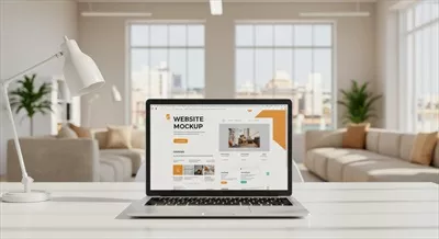 عکس نمونه ای از طراحی وب سایت که بر روی صفحه نمایش لپ تاپ در یک دفتر مدرن و روشن نمایش داده شده است