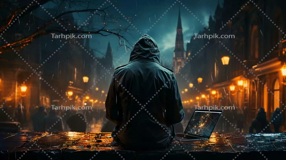عکس مردی با کاپشن کلاهدار در خیابان های شبانه شهر، نماد جرایم سایبری