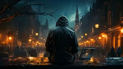 عکس مردی با کاپشن کلاهدار در خیابان های شبانه شهر، نماد جرایم سایبری
