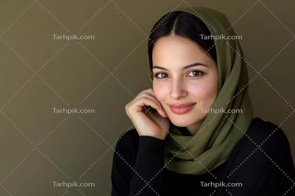 پرتره زنی با حجاب سبز در یک پس‌زمینه خنثی با لبخند دلنشین