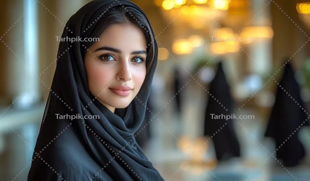 زن با شال و روسری سیاه و لبخند زیبا به دوربین نگاه میکند