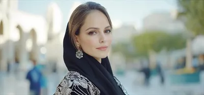 پرتره زن با حجاب در میدان شهری با پس زمینه آفتابی و سفر