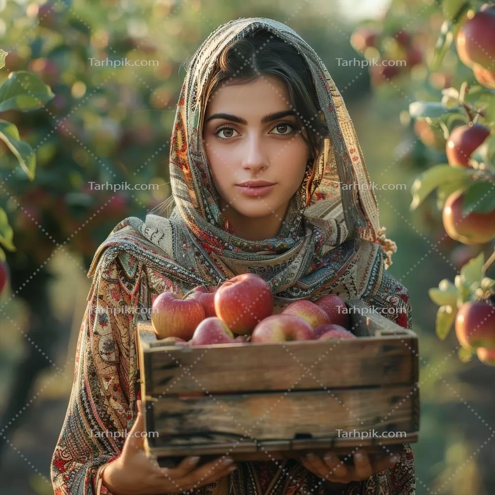 زنی که در یک روز آفتابی یک جعبه سیب را در باغ میوه نگه‌داشته است