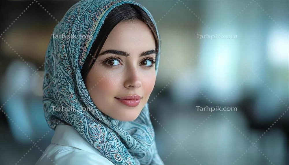 زن زیبای با حجاب در حال لبخند زدن با اعتماد به نفس در محیط داخلی