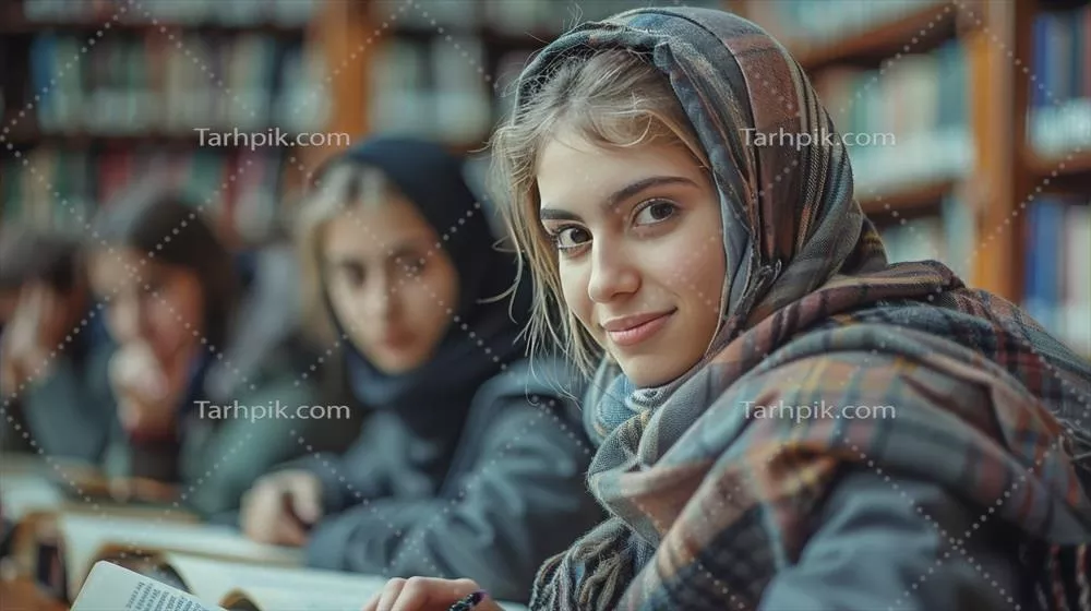 تصویر هوش مصنوعی از گروهی از افراد که در کتابخانه بر روی لپ‌تاپ مشغول کار هستند